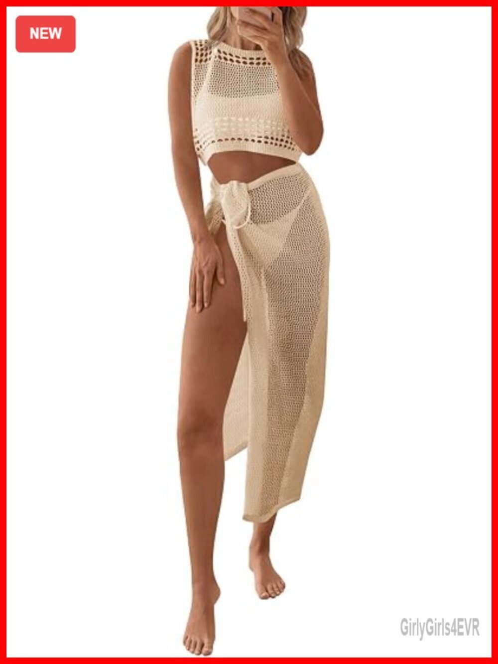 Crochet Swim Cover Up 2 Piece Set Sleeveless Crop Top Wrap Skirt Hollow Out